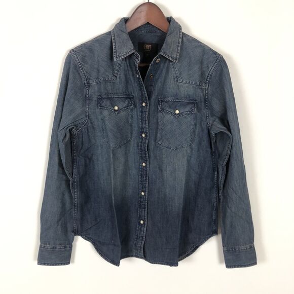 NWT Frye Simona Indigo Blue Western Pearl Snap Faded Denim Shirt Women's Size XS - Picture 2 of 5